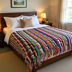 Vintage Hand Crochet Afghan Throw Blanket PATRIOTIC Rainbow RED WHITE BLUE Green